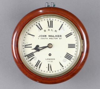 Of Railway interest, a gut driven fusee wall clock with 11.5cm back plate, the 20cm dial marked B. R. (L.M) John Walker, 1 South Molton Street, London, contained in a mahogany case numbered 1710, complete with pendulum and key