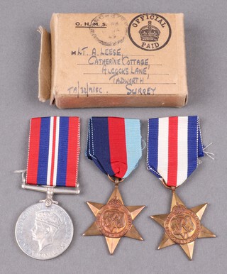 A group of 3 Second World War medals attributable to Lieutenant A Leese of Catherine Cottage, Alcocks Lane, Tadworth, Surrey comprising 1939-45 Star, France and Germany Star, British War medal, in original posting box 
