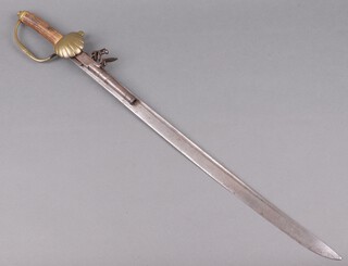 An 18th Century German combined hunting sword with flintlock pistol, the 60cm blade etched a running hound and Papneur (some possible restoration to the blade), having a box lock cannon flintlock pistol to the side with brass shell guard and horn grip, the base of the barrel with crowned HW mark 