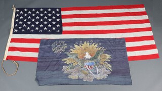An American stitched and printed Stars and Stripes flags with 50 stars, 111cm x 227cm and a reproduction printed silk US 1st Infrantry Regiment flag 78cm x 128cm 