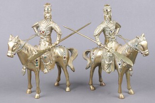 A pair of 19th Century Japanese polished bronze figures of standing warriors with lances 24cm 