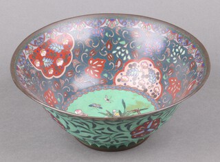 A green and blue ground Japanese cloisonne enamelled bowl decorated a basket of flowers with butterfly 21cm
