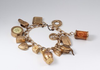 A yellow gold testing as 9ct curb link charm bracelet hung 13 various charms, 31.2 grams