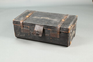 An Army & Navy Co-operative Stores Society black painted leather and metal lined trunk, the lid marked Honourable Mrs Dayson 32cm h x 91cm w x 52cm d 