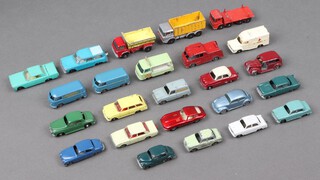 A collection of Lesney Matchbox regular wheels vehicles to include no. 45 Ford Corsa, no. 32E type Jaguar, no. 25 Volkswagen, no. 57 Woolley 1500, no. 9 Merriweather Marquis Series 3, no. 53 Ford Thames van, no. 17 Austin Metropolitan taxi, no. 22 Vauxhall Cresta, no. 19 Rover 105, no. 65 Jaguar 3.4L, no. 46 Morris Minor 1000, no. 36 Austin A5, no. 33 Ford Zodiac, no. 34 Volkswagen, no. 38 Vauxhall Victor, no. 42 Studebaker, no. 14C Bedford Lomas ambulance, no. 31 Lincoln Continental, no. 70B Ford grit spreader, no. 10D Leyland pipe truck, no. 34A Volkswagen, no. 47 tipper container truck, no.21  Commer milk float and no. 30 Ford Prefect 