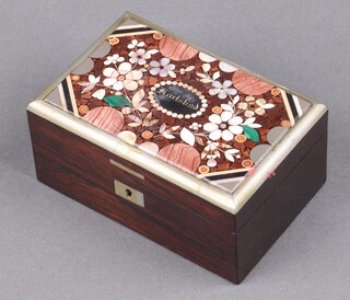 A rectangular rosewood trinket box, the lid set malachite and other hardstones, marked Karlsbad 5cm x 12cm x 8cm 