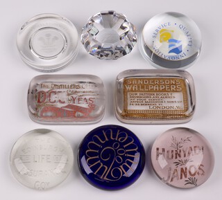 Eight various advertising paperweights - DCL Yeast The Distillers Company Ltd., Sanderson's Wallpaper, Edinburgh Life Assurance Co., Hunyadi Jonos, Shell Centenary 1919-1979, Prince of Wales Wedding 29th July 1981, Innovations Service Quality and a Millennium 2000 