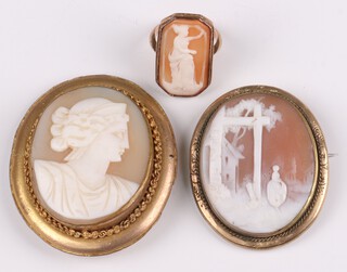 A 14ct yellow gold ring set a rectangular shell carved cameo of a standing classical lady, size I 1/2, 4.9 grams gross and 2 shell carved cameo portrait brooches in gilt mounts 