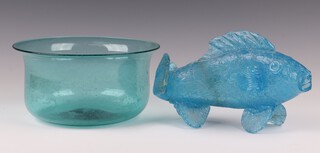 An Italian blue Art Glass model of a fish 13cm (broken and stuck, chip to tail), together with a ditto bowl 22cm 