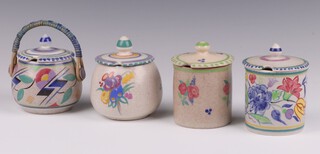 Carter Stabler Adams Ltd Poole, a preserve jar and cover 10cm (crackling to interior), 1 other with floral decoration 8cm and 2 Poole preserve jars and covers (1 with crack) 10cm h