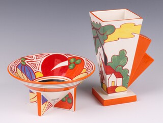 A Wedgwood Clarice Cliff collection Bizarre jug, the base marked JF 19cm and a matching bowl 18cm