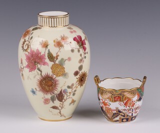 A Crown Derby vase with floral decoration, base with Cypher mark, numbered 5795 504, 15cm together with a Spode Derby pattern twin handled vase/urn marked Spode 967 7cm (lid possibly missing) 