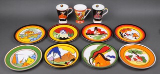 A set of 8 Wedgwood Bradford Exchange limited edition Clarice Cliff plates - Red Roof, Poplar, Orange House, Blue Lucerne, Farm House, House and Bridge, Orange Roof Cottage and Fantastique Mountain, 20cm, with certificates, 2 Official Edition Age of Jazz Clarice Cliff mugs and a Times Past Clarice Cliff style mug 