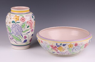 A Poole Pottery floral decorated vase impressed 154 Poole England 24cm and a ditto bowl 667 E/BNA 32cm 