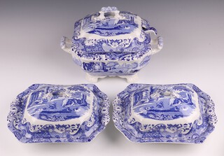 A 20th Century Copeland Spode blue and white twin handled tureen and cover with sauce ladle, 34cm together with a pair of 20th Century Spode Italian pattern tureens and covers 30cm  