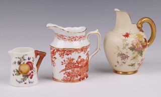A Worcester blush ivory jug with floral decoration, base with purple mark 1094 13cm, a Worcester Olde Anniversary pattern jug 10cm and a sparrow beak jug with green mark 6cm 