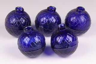 Five Victorian Northern British Glassworks, Perth, moulded glass shooting target balls 'glass pigeons' in cobalt blue, each 7cm diam. 