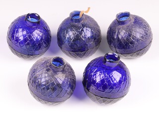 Five Victorian Northern British Glassworks, Perth, moulded glass shooting target balls 'glass pigeons' in cobalt blue, each 7cm diam. 