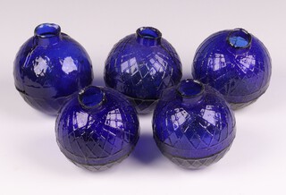 Five Victorian Northern British Glassworks, Perth, moulded glass shooting target balls 'glass pigeons' in cobalt blue, each 7cm diam. 