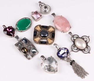 Four Miglio pendants, a green hardstone and silver mounted brooch, a hardstone brooch and 4 pendants 