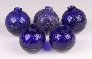 Five Victorian Northern British Glassworks, Perth, moulded glass shooting target balls 'glass pigeons' in cobalt blue, each 7cm diam. 