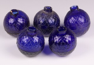 Five Victorian Northern British Glassworks, Perth, moulded glass shooting target balls 'glass pigeons' in cobalt blue, each 7cm diam. 