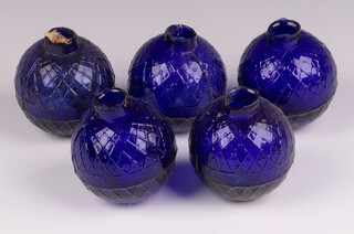 Five Victorian Northern British Glassworks, Perth, moulded glass shooting target balls 'glass pigeons' in cobalt blue, each 7cm diam. 