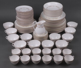 A 109 piece Royal Doulton French Provincial dinner service comprising 12 dinner plates, 12 large side plates, 12 medium side plates, 12 dessert bowls (1 chipped), 12 tea plates, milk jug, 12 cups, 12 saucers, 12 coffee cups, 12 saucers, together with 2 Royal Doulton Flirtation pattern tea plates (seconds) 
