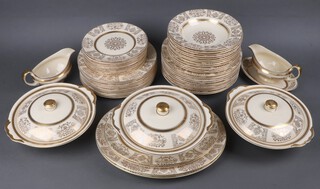 A 58 piece Johnson Brothers Victorian pattern dinner service comprising 3 tureens and covers (1 base cracked, 1 cover broken and stuck), 2 large oval meat plates, 2 small meat plates, sauce tureen (chipped) and stand, 12 large soup bowls (1 chipped), 12 small soup bowls, 11 dinner plates (1 chipped), 11 side plates (1 chipped) 