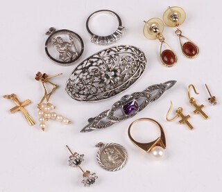 A  silver dress ring size J set a cubic zirconia, a silver marcasite set brooch and other items of costume jewellery 