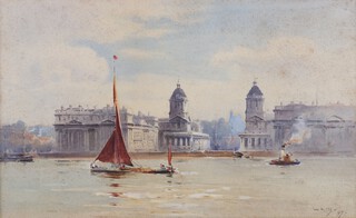 William Alister Macdonald (British, 1861-1956), The River Thames at Greenwich with the Royal Naval College, 19th century watercolour, signed with initials and dated 97, 22cm x 36cm, within a gilt frame.