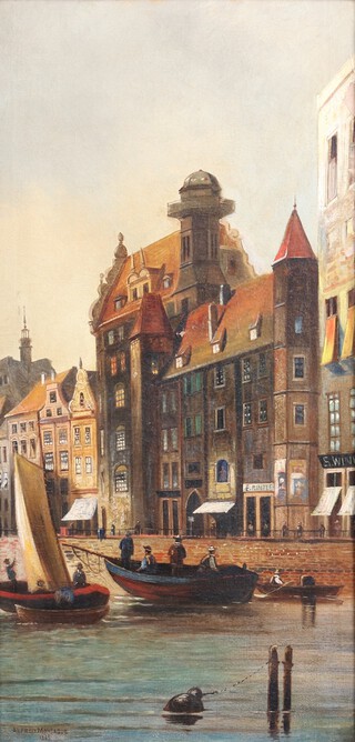Alfred Montague (British, 1832-c.1883), Gdansk, Poland, oil on canvas, signed and dated 1865, 76cm x 37cm, within a gilt composition frame.