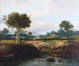 British School, Landscape with River, Bridge, Figure and distant Cottage, oil on canvas, 49cm x 59cm, re-lined, within a gilt composition frame with corner crestings.