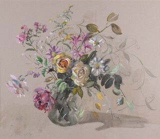 Barbara Crowe (British, b.1942), "Early Autumn Flowers", watercolour with gouache, signed recto, titled The Society of Women Artists label verso, 50cm x 57cm, within a gilt frame.