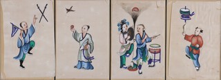Chinese Canton School, Qing Dynasty, Figures undertaking various pursuits, a set of four gouaches on pith paper, 17cm x 12cm each, framed as one within an ebonized frame.	