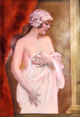 French School, Study of a Lady en deshabille, late 19th/early 20th century enamels on glass, 33cm x 23cm, within a gilt composition frame.