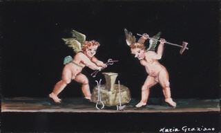 Maria Graziano, Two Putti forging Gold (after the fresco at Casa de Vettii, Pompeii), watercolour with gouache, signed, 7.5cm x 12cm, within a gilt frame