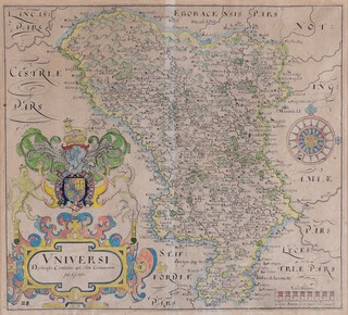 William Hole, after William Saxton, "Universi Derbiensis Comitatus qui olim Coritanorum Suit descripto" (Map of Derbyshire), 17th century engraving with hand-colouring, 30m x 33cm, within a gilt frame.