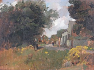 **Thomas James Carr (British/Irish, 1909-1999), Landscape with Trees, Figures and Buildings, oil on board, signed, 26m x 36cm, within a painted wood frame. Note: Born in Belfast, Thomas Carr studied at the Slade School of Fine Art before travelling widely in Europe and later settling in Newcastle, County Down. Associated with the Euston Road School during the 1930s, he is best known for realist paintings of domestic interiors and rural landscapes. Carr exhibited extensively in London from the mid-1930s and was included in the Objective Abstraction exhibition at the Zwemmer Gallery in 1935. His work is held in major public collections, including the Tate Gallery.	** Please note, Artists Resale Rights may be payable on this lot