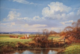 Christopher Osborne (British, b.1947), "March Sunlight", oil on board, signed recto, titled and dated 2011 verso, 19cm x 29cm, within a gilt and hessian frame.