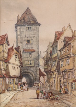 Morand, Continental Street Scene, probably Rothenberg, late 19th/early 20th century watercolour, signed, 30cm x 22cm, within a gilt composition frame.