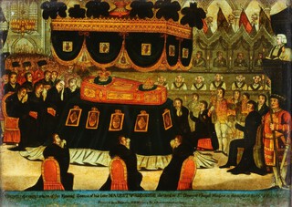 W.B. Walker (British, fl.1801-1821), An exact Representation of the Depositing the Body of her late Majesty Queen Caroline (born 1768) in the Family Vault at Brunswick, Augt. 24, 1821. With the Revd. J.W.G. Wolff delivering her funeral prayer amidst the tears and sobs of the company, reverse coloured mezzotint on glass, published by W.B. Walker 1821, 25cm x 35cm, within a stained wood frame.