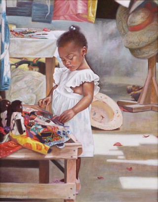 Diane Urwin, "Caribbean Market", acrylic on canvas, signed and dated 1994 recto, titled The Society of Women Artists label verso, 49cm x 39cm, within a stained wood frame.	