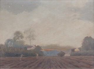 Gilbert Sharp, Landscape with Ploughed Field and Figures Shooting Birds, early 20th century oil on board, signed, 25cm x 35cm, within a gilt frame.
