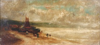 Lily Vile, Coastal Landscape with Fishing Boats and Figures, oil on canvas, signed and dated 1901, 21cm x 47cm, within a gilt frame.
