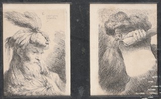 Giovanni Benedetto Castiglioni (1609-1664), Head of a Bearded Man with a Turban, and Man holding a Scroll in front of his Face, a pair of 17th century etchings from the series?"Small Heads in Oriental Headdress"?, each 8cm x 11cm, both framed as one within an ebonized composition frame.