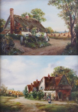 British School, J.N. a pair of 20th Century oil on canvas,  Rustic Scene with Figures outside a Thatched Cottage and Rustic scene with a figure on a Lane near a thatched Farmhouse, both signed with initials and dated '22, each 25cm x 35cm, each within a stained wood frame.	