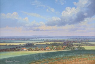 Christopher Osborne (British, b.1947), "April Skies over Milton Street", oil on board, signed recto, titled verso, 19cm x 29cm, within a stained wood frame.