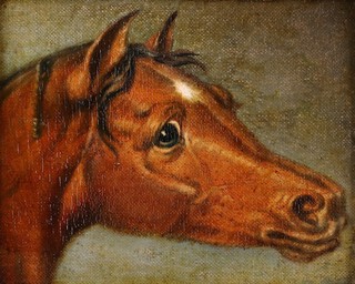Martin Theodore Ward (British, 1799-1874), Portrait of a Racehorse, 19th century oil on canvas laid onto board, indistinctly titled verso, 10cm x 12cm, within a gilt composition frame.	