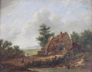 Charles Greville Morris (British, 1861-1922), Landscape with Cottage, Pond and Figures, oil on panel, signed and dated 1862, 17cm x 22cm, within a gilt composition frame.